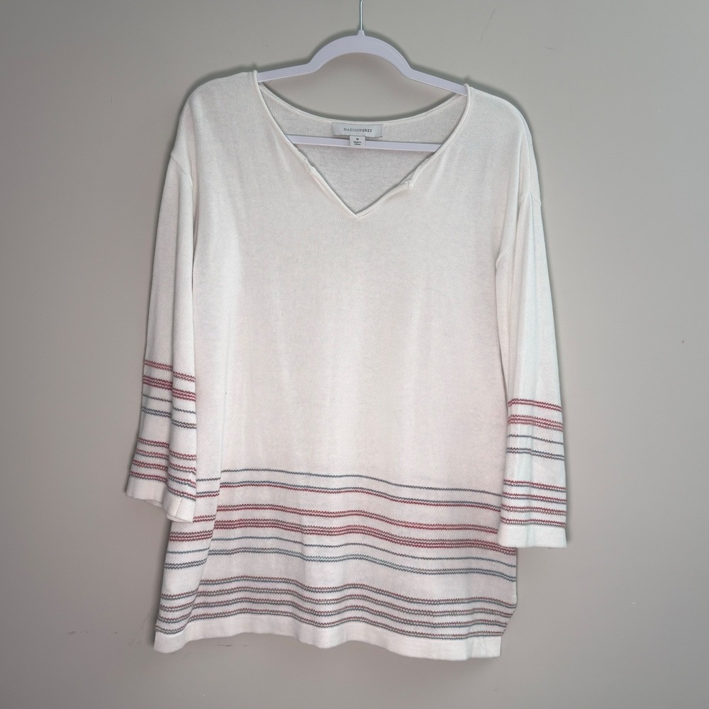 Madison Grey White Striped V-Neck Cotton Knit Sweater 3/4 Sleeve Size M Loose